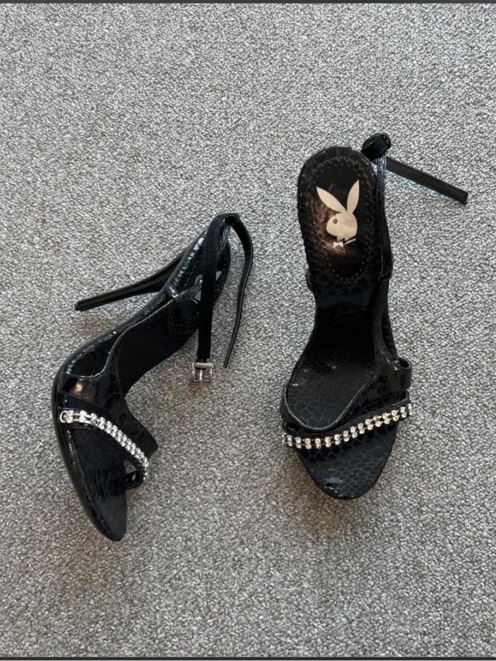 Playboy Black Patent Leather Strappy Heels - Rhinestone
Detail - Size 7 1/2
